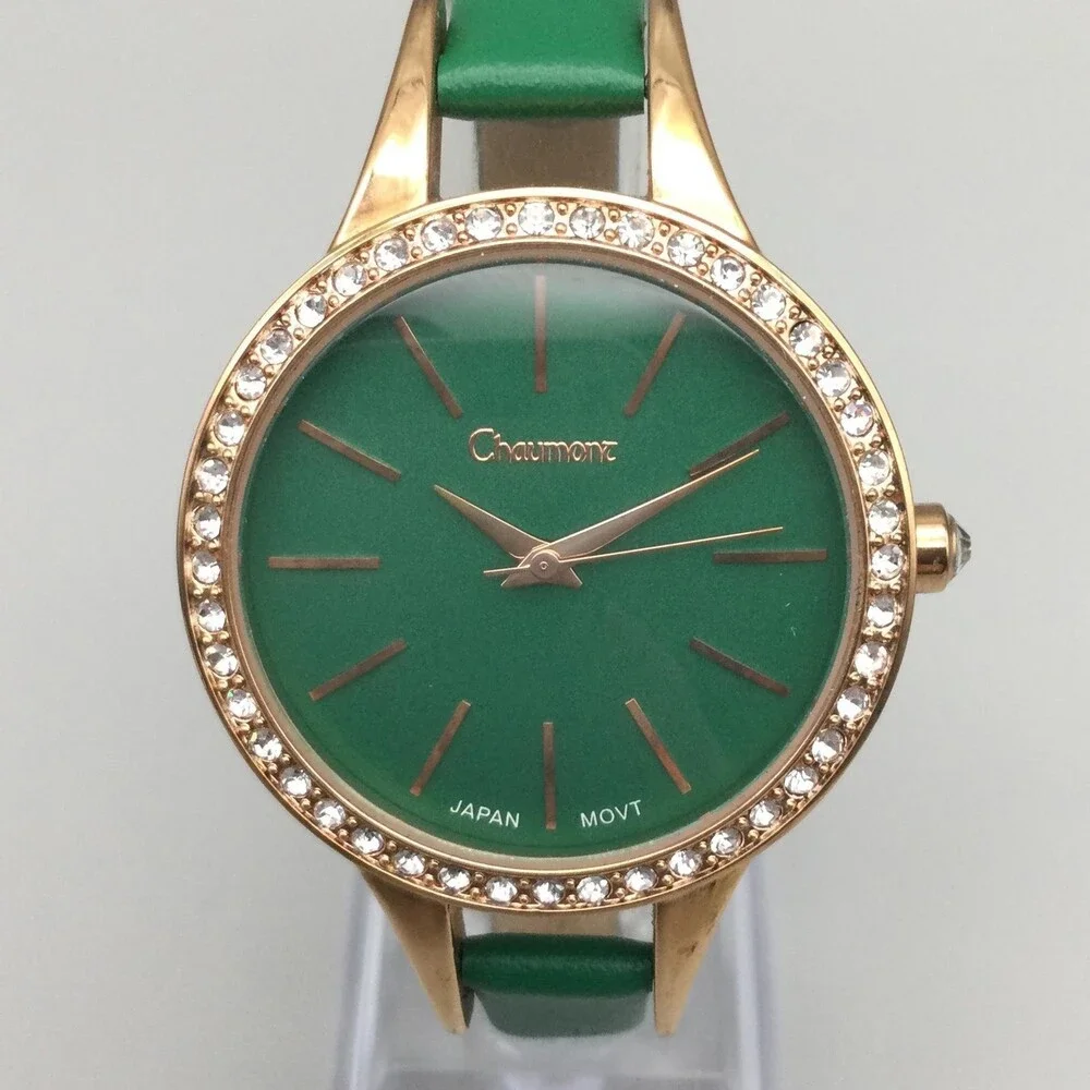 Chaumont Womens Watch 36mm Green Dial Crystal Bezel Dress Leather New Battery